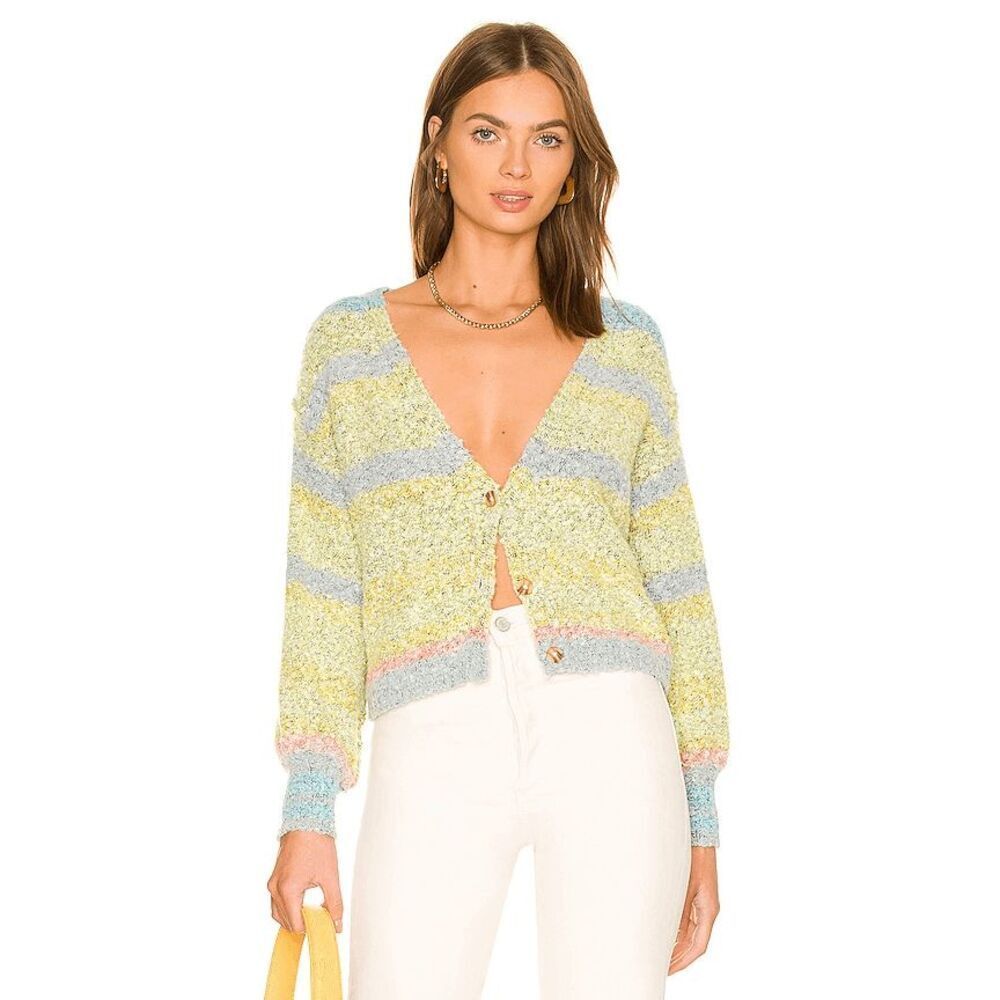Free People Pastel Yellow Blue Striped V-Neck Cardigan